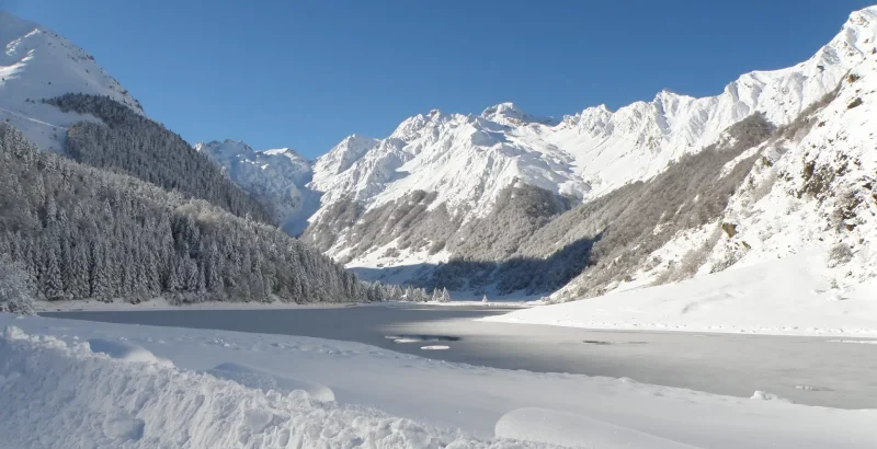 Lac d'Estaing enneigé à moitié glacé et décor de forêt et de montagne d'une blancheur immaculée avec un ciel bleu profond